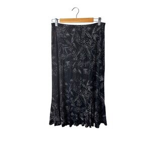 Womens Petite M Midi Skirt Black Floral A-Line Stretch Elegant Boho Evening